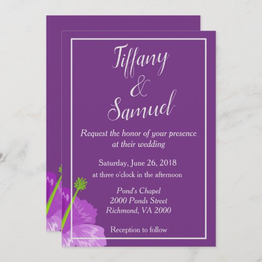 Einfache und schicke Royal Lila Floral Wedding Einladung (Vorne/Hinten)