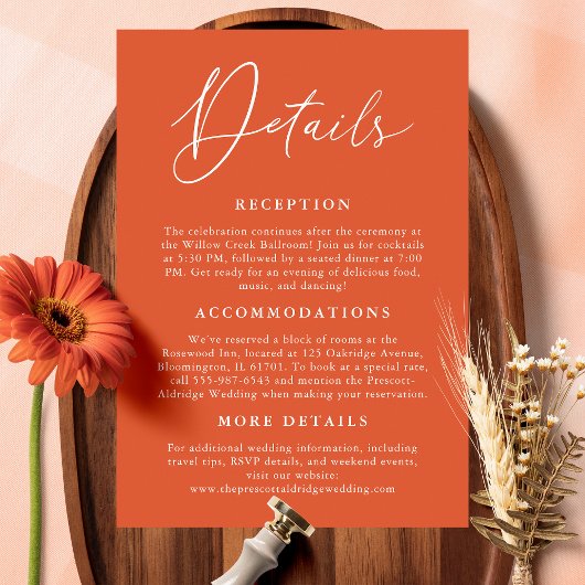 Einfache Verona Sunset Orange Kalligraphie Details Begleitkarte