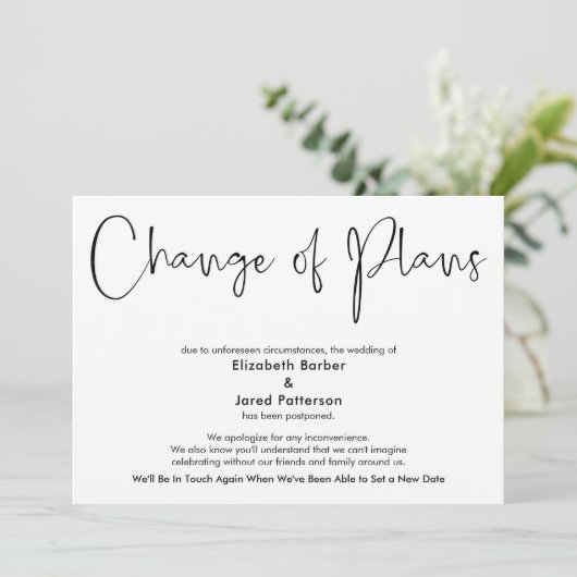 Einfache verspätete Hochzeitsänderung der Plankart Einladung (Stehend Vorderseite)
