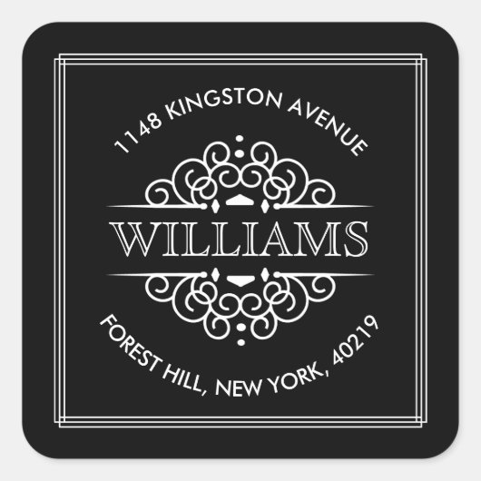 Einfache Verzierte Schwarz-Weiß-Rücksendeadresse Quadratischer Aufkleber (Vorderseite)