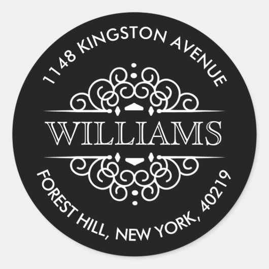 Einfache Verzierte Schwarz-Weiß-Rücksendeadresse Runder Aufkleber (Vorderseite)