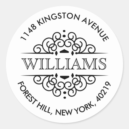 Einfache Verzierte Schwarz-Weiß-Rücksendeadresse Runder Aufkleber (Vorderseite)