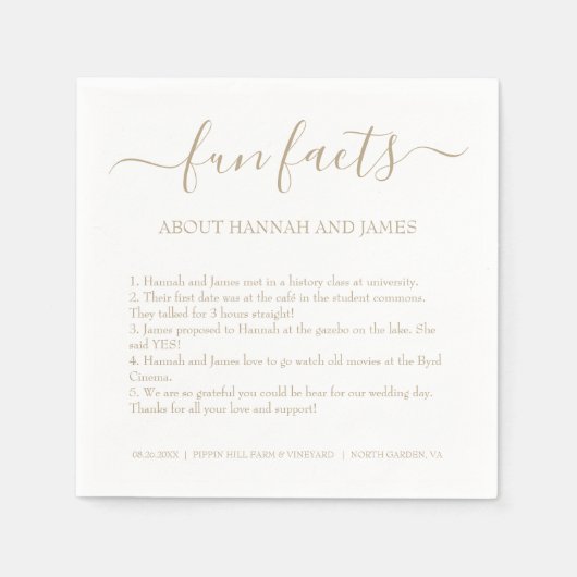 Einfache Vintage Gold Script-Fun-Fakten Hochzeit Serviette (Vorderseite)