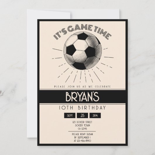 Einfache Vintage Retro Black Soccer Geburtstag Einladung (Vorderseite)