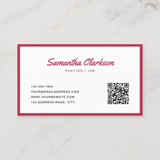 Einfache Viva Magenta Border Script QR Code Visitenkarte (Rückseite)