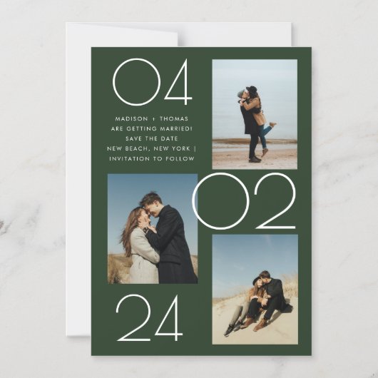 Einfache Waldgrün 3 Foto Hochzeit speichern das Da Magneteinladung (Vorderseite)