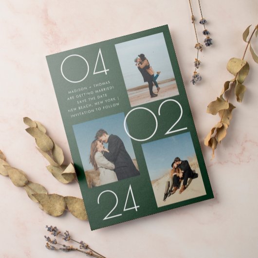 Einfache Waldgrün 3 Foto Hochzeit speichern das Da Magneteinladung