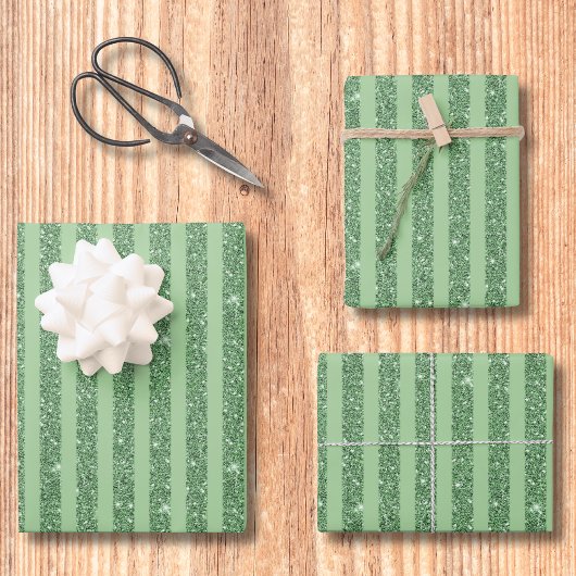 Einfache Waldgrüne Glitter-Optik Vertikale Streife Geschenkpapier Set