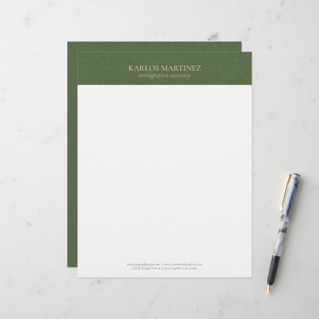 Einfache Waldgrüne Leinen-Gold-Typografie Briefbogen (Vorderseite/Rückseite Beispiel)