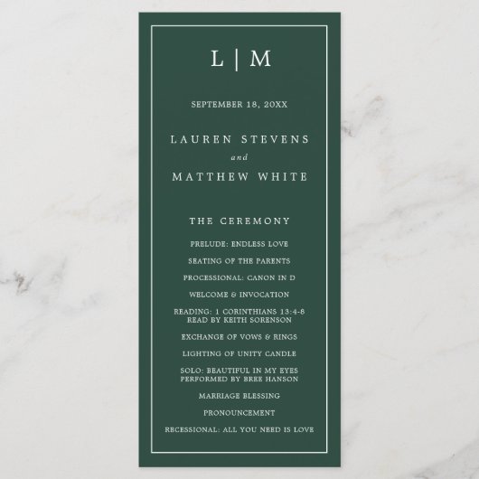 Einfache Waldgrüne Monogram Elegant Hochzeit Programm (Vorderseite)