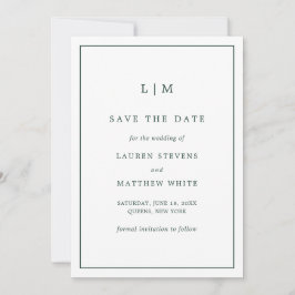 Einfache Waldgrüne Monogram Elegant Hochzeit Save The Date