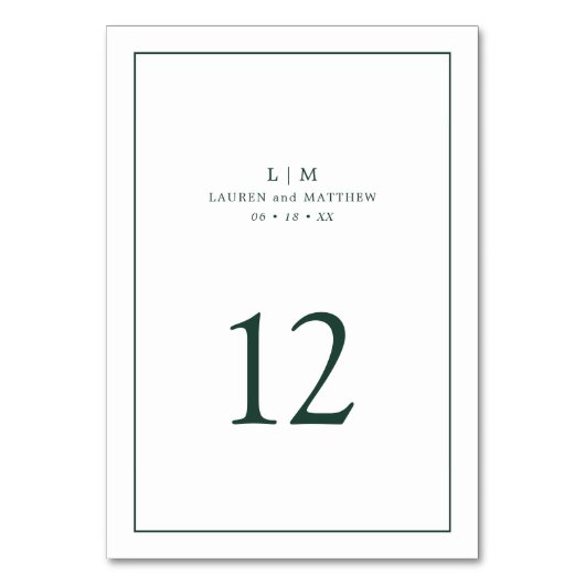 Einfache Waldgrüne Monogram Elegant Hochzeit Tischnummer (Vorderseite)