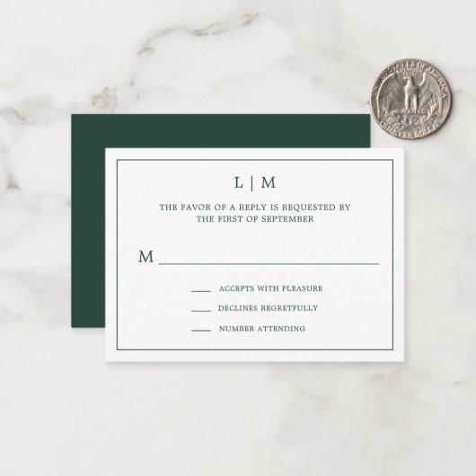 Einfache Waldgrüne Monogram Mini Wedding RSVP Mitteilungskarte (Vorderseite/Rückseite Beispiel)