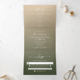 Einfache waldgrüne und gelbe goldene Ombre Hochzei Dreifach Gefaltete Einladung