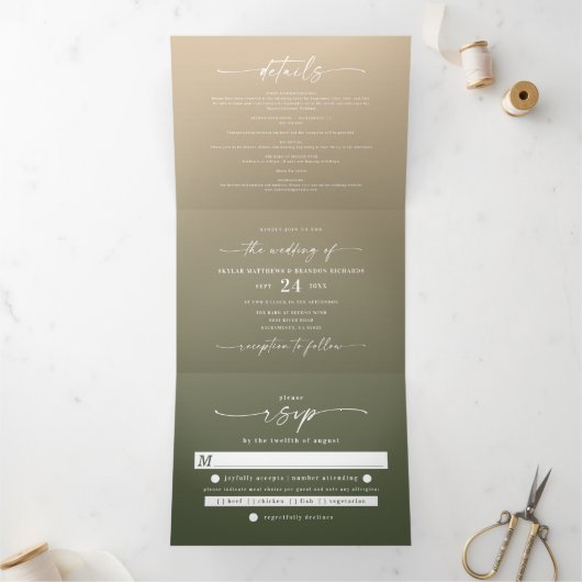 Einfache waldgrüne und gelbe goldene Ombre Hochzei Dreifach Gefaltete Einladung (Innenseite)