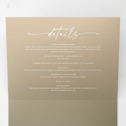 Einfache waldgrüne und gelbe goldene Ombre Hochzei Dreifach Gefaltete Einladung (Innen Erste Seite)