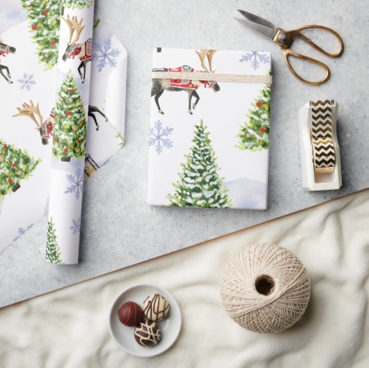 Einfache Wasserfarbe Boho-Weihnachts-Rentier-Baum Geschenkpapier (Kunsthandwerk)