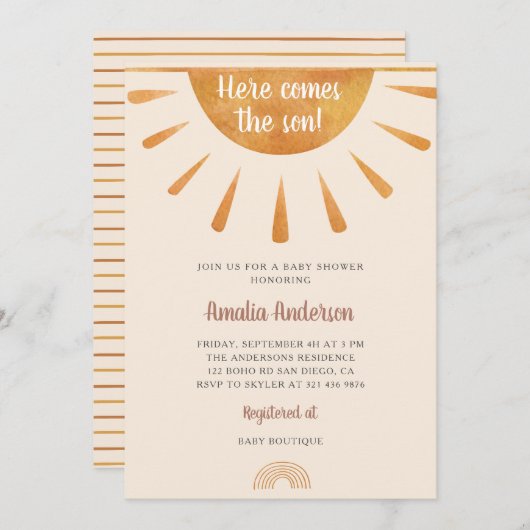 Einfache Wasserfarbe Hier kommt die Son Baby Dusch Einladung (Vorne/Hinten)