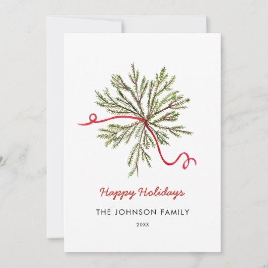 Einfache Wasserfarbe Holiday grün mit rotem Bogen Ankündigung (Vorderseite)