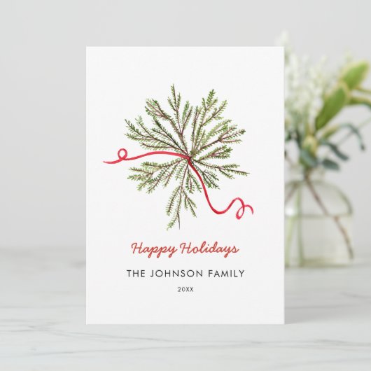Einfache Wasserfarbe Holiday grün mit rotem Bogen Ankündigung (Stehend Vorderseite)
