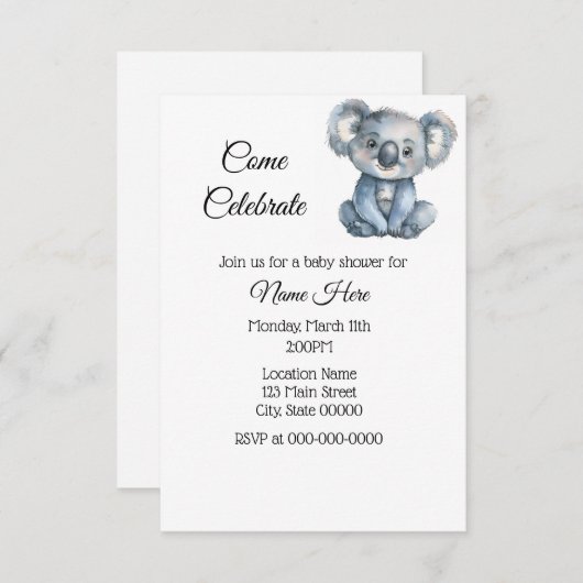 Einfache Wasserfarbe Koala Babydusche Einladung (Vorne/Hinten)