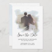 Einfache Wasserfarbe Modern Script Palm Foto Blau Save The Date (Vorne/Hinten)