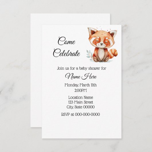 Einfache Wasserfarbe Red Panda Baby Dusche Einladung (Vorne/Hinten)