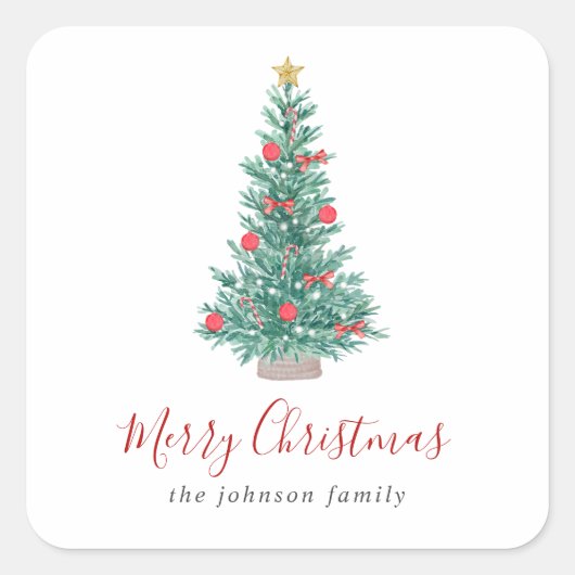 Einfache Wasserfarbe Weihnachtsbaum Festlich Quadratischer Aufkleber (Vorderseite)