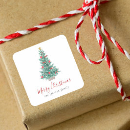 Einfache Wasserfarbe Weihnachtsbaum Festlich Quadratischer Aufkleber