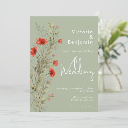 Einfache Wasserfarbe Wild floral Boho Sage Hochzei Einladung (Stehend Vorderseite)