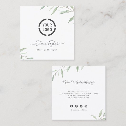 Einfache Wasserfarben Grünpflanzen Massagetherapeu Quadratische Visitenkarte (Vorne/Hinten)