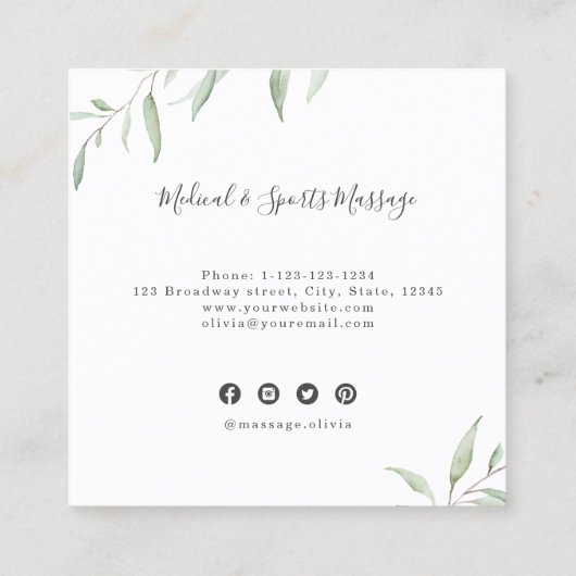 Einfache Wasserfarben Grünpflanzen Massagetherapeu Quadratische Visitenkarte (Rückseite)