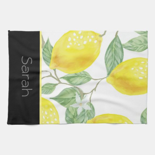 Einfache Wasserfarben Lemon Blätter Schwarz Mit Mo Geschirrtuch (Horizontal)