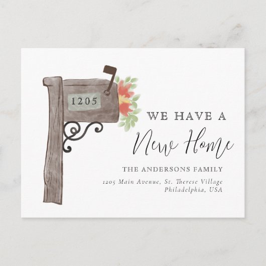 Einfache Wasserfarbenbraun-Mailbox Neue Zuhause-Mo Ankündigungspostkarte (Vorderseite)