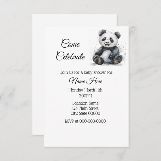 Einfache Wasserfarbendusche Panda Baby Einladung (Vorne/Hinten)