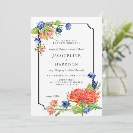 Einfache Wasserfarbenuntergang Orange Blue Thistle Einladung (Stehend Vorderseite)