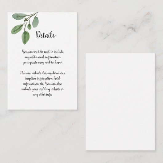 Einfache Watercolor Grüne Skripte Hochzeitsdetails Begleitkarte (Vorne/Hinten)