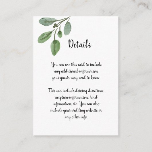 Einfache Watercolor Grüne Skripte Hochzeitsdetails Begleitkarte (Vorderseite)
