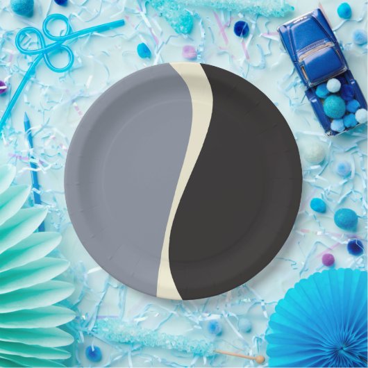 Einfache Waves 2 in Schwarz, Grau und Creme Pappteller (Party)