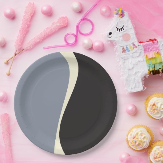 Einfache Waves 2 in Schwarz, Grau und Creme Pappteller (Party)