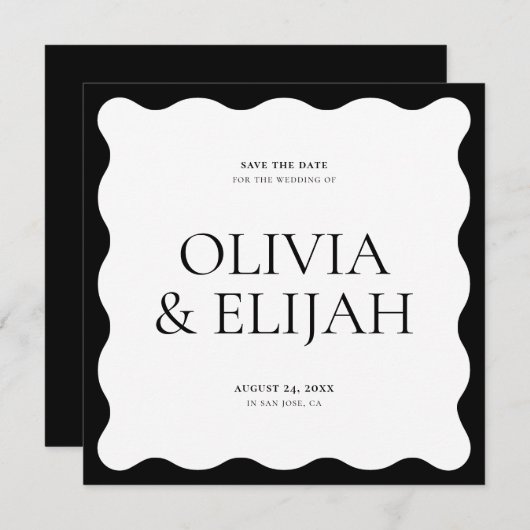 Einfache Wavy Black und White Modern Save the Date Einladung (Vorne/Hinten)