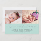 Einfache weiche Minze Grüne Foto Collage Baby Girl Ankündigung (Rückseite)