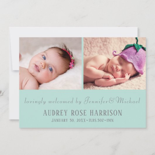Einfache weiche Minze Grüne Foto Collage Baby Girl Ankündigung (Rückseite)