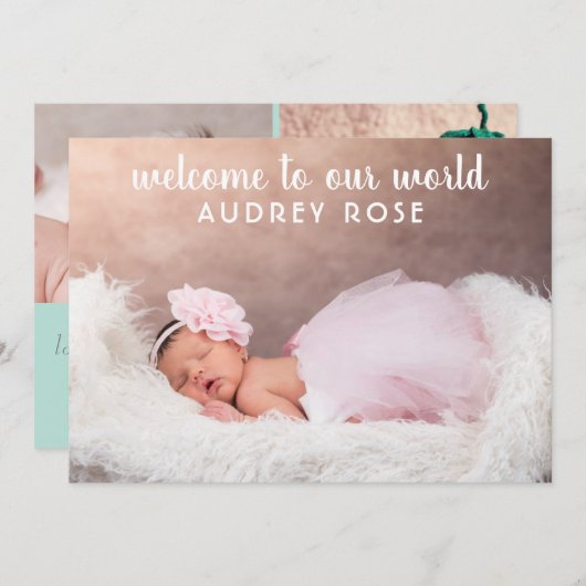 Einfache weiche Minze Grüne Foto Collage Baby Girl Ankündigung (Vorne/Hinten)