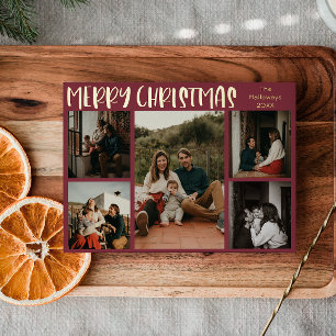 Einfache Weihnachts-Rot-Fünf-Foto-Gold Folien Feiertagskarte