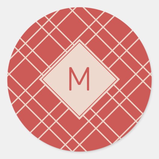 Einfache Weihnachts-Rot- und Creme-Monogramm-Karos Runder Aufkleber (Vorderseite)