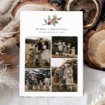 Einfache Weihnachts Wasserfarben Blumenfoto Collag Feiertagskarte<br><div class="desc">Die weihnachtliche Weihnachtsgrün-Foto Collage Holiday Card bietet eine wunderschöne Aquarell-Illustration der saisonalen Vegetation und der heiligen Beeren,  zusammen mit vier Fotos.</div>