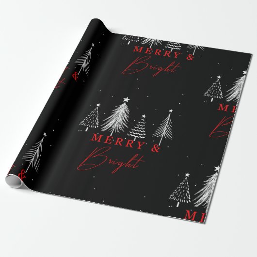 Einfache Weihnachtsbaum Merry & Bright | Schwarz Geschenkpapier (Ungerollt)