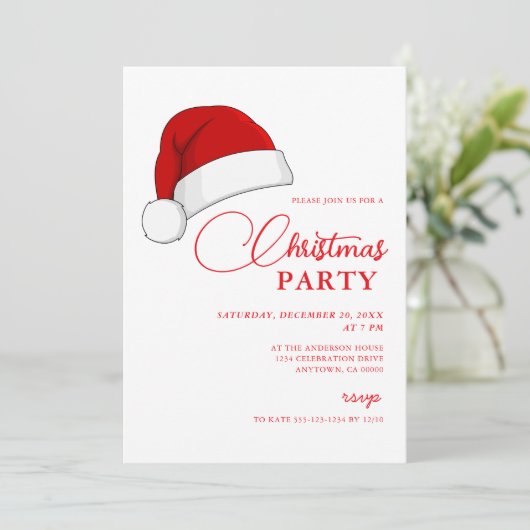 Einfache Weihnachtsmannmütze Script Weihnachts-Par Einladung (Stehend Vorderseite)