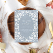 Einfache weiße Folk Floral Dusty Blue Wedding Einladung